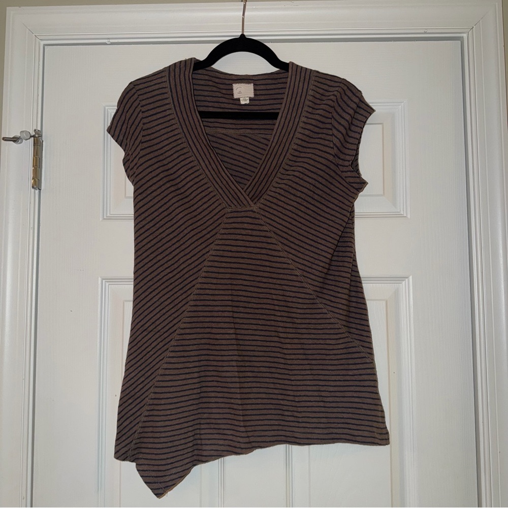 Y2K Style Anthropologie Brown and Blue Striped V-Neck Blouse
